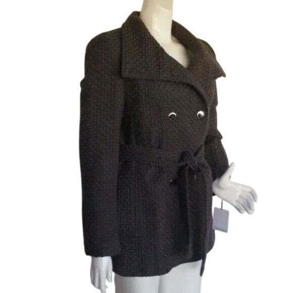 new CALVIN KLEIN Overcoat, S, Basket weave, Gray, Sash Belt, Double Breasted - Picture 2 of 15